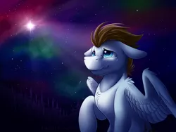 Size: 4000x3000 | Tagged: safe, artist:klarapl, derpibooru import, oc, oc:core, unofficial characters only, pegasus, pony, commission, crying, digital art, high res, looking up, male, sad, signature, solo, space, stallion, stars, teary eyes