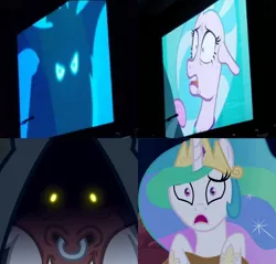 Size: 720x688 | Tagged: safe, derpibooru import, screencap, lord tirek, princess celestia, silverstream, storm king, pony, seapony (g4), my little pony: the movie, season 8, what lies beneath, spoiler:s08, collage, comparison, cropped, ethereal mane, female, male, mare, nose piercing, nose ring, piercing, san diego comic con, sdcc 2018