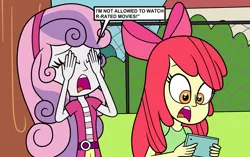 Size: 2592x1625 | Tagged: safe, artist:eagc7, derpibooru import, apple bloom, sweetie belle, equestria girls, clothes, comic, covering eyes, dialogue, duo, fence, gasp, mobile phone, nickelodeon, open mouth, phone, reference, shocked, smartphone, speech bubble, text, the loud house, tree