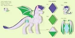 Size: 1024x517 | Tagged: safe, artist:kiralindocruz, derpibooru import, oc, oc:freedom wings, unofficial characters only, dracony, hybrid, baby, base used, deviantart watermark, green background, interspecies offspring, male, offspring, parent:rarity, parent:spike, parents:sparity, reference sheet, simple background, solo, watermark