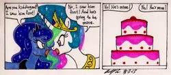 Size: 1543x682 | Tagged: safe, artist:newyorkx3, derpibooru import, princess celestia, princess luna, pony, argument, bait and switch, cake, comic, dialogue, food, royal sisters, signature, traditional art