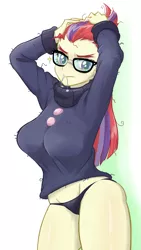 Size: 630x1120 | Tagged: suggestive, artist:ta-na, derpibooru import, edit, moondancer, amending fences, equestria girls, adorasexy, ass, big breasts, black underwear, breasts, busty moondancer, clothes, cute, equestria girls-ified, female, midriff, panties, sexy, solo, solo female, sweater, underwear