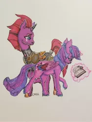 Size: 3024x4032 | Tagged: safe, artist:caek, artist:colorlesscupcake, derpibooru import, tempest shadow, twilight sparkle, twilight sparkle (alicorn), alicorn, pony, unicorn, book, broken horn, female, mare, prosthetic horn, prosthetics, tempest gets her horn back, traditional art