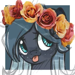 Size: 600x600 | Tagged: safe, artist:xsidera, derpibooru import, oc, oc:raina, unofficial characters only, cute, female, flower, looking at you, mare, mlem, rose, silly, solo, tongue out