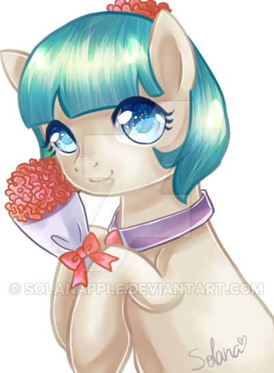 Size: 400x545 | Tagged: artist:solanapple, bouquet of flowers, coco pommel, derpibooru import, deviantart watermark, female, flower, flower in hair, mare, safe, signature, simple background, smiling, solo, transparent background, watermark