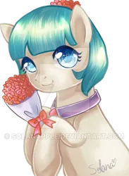 Size: 400x545 | Tagged: artist:solanapple, bouquet of flowers, coco pommel, derpibooru import, deviantart watermark, female, flower, flower in hair, mare, safe, signature, simple background, smiling, solo, transparent background, watermark