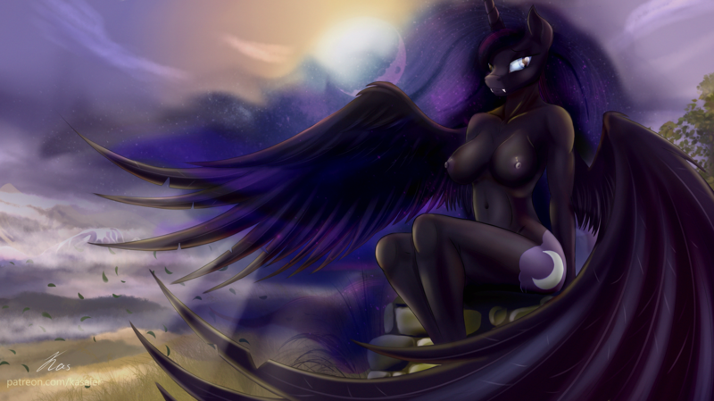 Size: 4100x2300 | Tagged: alternate version, anthro, artist:kasaler, belly button, breasts, busty nightmare moon, crepuscular rays, derpibooru import, fangs, female, high res, nightmare moon, nipples, nudity, questionable, sexy, signature, solo, solo female, stupid sexy nightmare moon