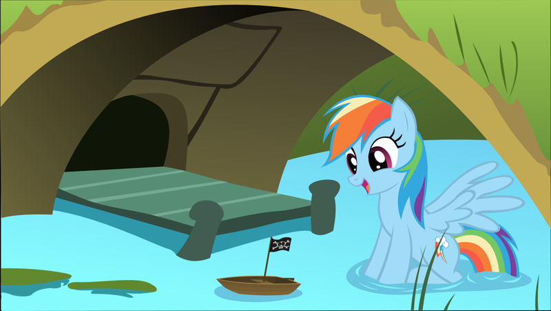 Size: 1600x901 | Tagged: artist needed, source needed, safe, derpibooru import, rainbow dash, cute, dashabetes, happy, pirate ship, sitting, solo, toy boat, vector, water