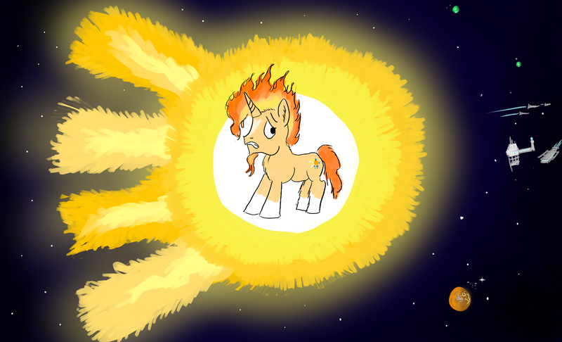 Size: 1694x1030 | Tagged: safe, artist:horsesplease, derpibooru import, sunburst, pony, catasterism, fiery sunburst, fire, implied starlight glimmer, male, mane of fire, planet, solar system, solo, space, space station, spaceship, stallion, stars, sun, worried