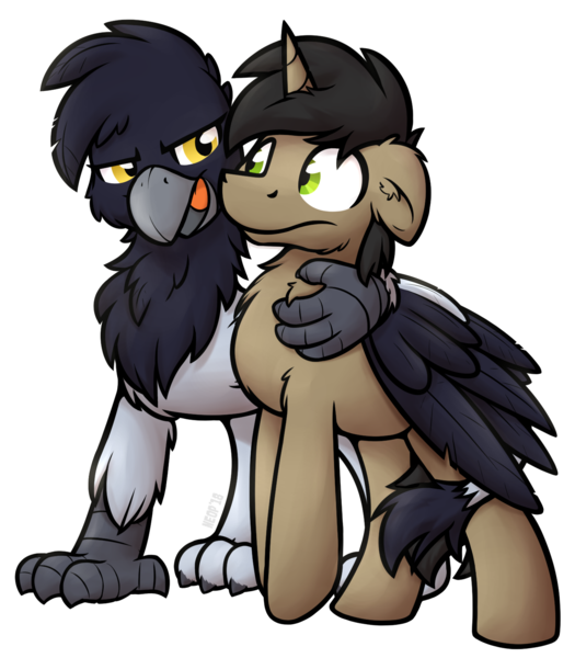 Size: 1400x1600 | Tagged: safe, artist:moemneop, derpibooru import, oc, oc:neop, oc:skraww, unofficial characters only, gryphon, unicorn, male, simple background, stallion, transparent background