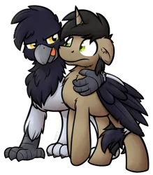 Size: 1400x1600 | Tagged: safe, artist:moemneop, derpibooru import, oc, oc:neop, oc:skraww, unofficial characters only, gryphon, unicorn, male, simple background, stallion, transparent background