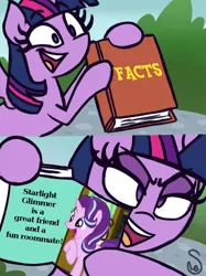 Size: 760x1015 | Tagged: safe, artist:quarium edits, derpibooru import, edit, screencap, starlight glimmer, twilight sparkle, twilight sparkle (alicorn), alicorn, pony, unicorn, triple threat, 2 panel comic, bipedal, book, comic, cropped, cute, drama, ed edd n eddy, everything went better than expected, excited, exploitable, exploitable meme, female, glare, glimmerbetes, good end, happy, hoof hold, lidded eyes, mare, meme, mouthpiece, open mouth, pointing, raised hoof, smiling, smirk, starlight drama, starlight drama drama, subverted meme, text, twilight's fact book, wide eyes