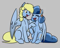 Size: 778x622 | Tagged: safe, artist:whatsapokemon, derpibooru import, oc, oc:heart song, oc:windswept skies, unofficial characters only, crystal pony, pegasus, pony, braid, charm, collar, duo, eyes closed, female, gray background, hug, laughing, male, mare, raised hoof, simple background, sitting, stallion, winghug