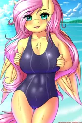 Size: 2000x3000 | Tagged: adorasexy, anthro, artist:twistedscarlett60, beach, big breasts, blushing, breasts, busty fluttershy, chest fluff, clothes, cloud, cute, derpibooru import, eye clipping through hair, female, fluttershy, looking at you, mare, one-piece swimsuit, open mouth, pegasus, sexy, shyabetes, sky, smiling, solo, solo female, suggestive, swimsuit, underass, water, wet