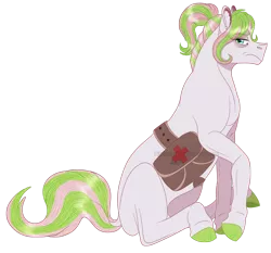 Size: 1056x984 | Tagged: safe, artist:bijutsuyoukai, derpibooru import, oc, unofficial characters only, earth pony, pony, female, magical lesbian spawn, mare, offspring, parent:daisy, parent:nurse redheart, saddle bag, simple background, sitting, solo, transparent background