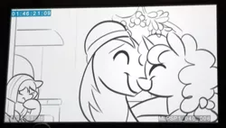 Size: 1113x631 | Tagged: safe, derpibooru import, screencap, big macintosh, marble pie, sugar belle, earth pony, pony, unicorn, best gift ever, animatic, black and white, female, grayscale, heartbroken marble, lineart, male, mistletoe, monochrome, shipping, shipping denied, side chick, straight, sugarmac, youtube link