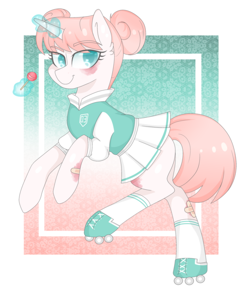 Size: 2509x3000 | Tagged: safe, artist:thecreativerey, derpibooru import, oc, oc:rolla derbi, unofficial characters only, pony, unicorn, bandaid, bruised, candy, clothes, cute, female, food, glowing horn, hair bun, lollipop, mare, pleated skirt, roller skates, scratching, simple background, skirt, socks, solo, transparent background, uniform