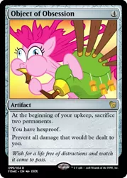 Size: 375x523 | Tagged: safe, derpibooru import, edit, pinkie pie, pony, yakity-sax, ccg, female, magic the gathering, mare, obsession, puffy cheeks, trading card, trading card edit, wide eyes, yovidaphone, yovidapie