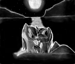 Size: 3652x3100 | Tagged: safe, artist:jesterofdestiny, derpibooru import, lyra heartstrings, twilight sparkle, twilight sparkle (alicorn), alicorn, unicorn, fanfic, fanfic:a night at the lake, bedroom eyes, black and white, fanfic art, female, grayscale, inverted colors, lake, lesbian, looking at each other, monochrome, moon, moonlight, night, shipping, smiling, stars, traditional art, twyra, wet mane