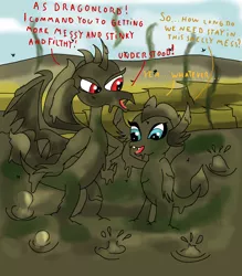 Size: 1400x1600 | Tagged: artist:amateur-draw, derpibooru import, downvote bait, dragon, engrish, female, mud, muddy, princess ember, safe, smelly, smolder, stink lines, text, volcano, wet and messy