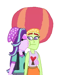 Size: 2000x2419 | Tagged: safe, artist:ktd1993, derpibooru import, starlight glimmer, tree hugger, equestria girls, afro, alternate hairstyle, beanie, crack shipping, female, hat, kissing, lesbian, shipping, simple background, starhugger, transparent background