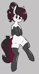 Size: 554x1046 | Tagged: safe, artist:whatsapokemon, derpibooru import, oc, oc:electra sparks, unofficial characters only, earth pony, semi-anthro, both cutie marks, clothes, female, gray background, image, latex, latex socks, looking at you, on back, png, simple background, socks, solo