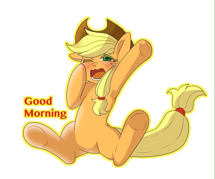 Size: 1023x850 | Tagged: safe, artist:hosikawa, derpibooru import, applejack, earth pony, pony, armpits, blushing, female, freckles, hat, mare, one eye closed, open mouth, simple background, solo, white background, yawn