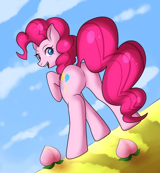 Size: 1108x1196 | Tagged: suggestive, artist:hosikawa, derpibooru import, pinkie pie, earth pony, pony, female, looking at you, looking back, looking back at you, mare, plot, scenery