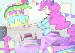 Size: 4093x2894 | Tagged: safe, artist:hosikawa, derpibooru import, gummy, pinkie pie, equestria girls, cake, clothes, cute, female, food, happy birthday, hat, heart, party hat, ponytail, skirt