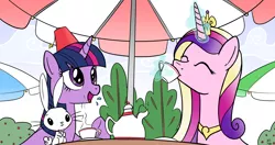 Size: 4096x2160 | Tagged: safe, artist:fritofredrik, derpibooru import, princess cadance, twilight sparkle, alicorn, pony, rabbit, unicorn, cup, duo, female, fez, food, glowing horn, hat, mare, talking, tea, tea party, tea time, teapot, umbrella