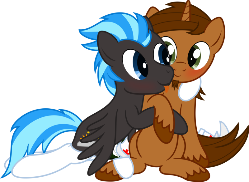 Size: 7396x5392 | Tagged: safe, artist:waveywaves, derpibooru import, oc, oc:coppercore, oc:nimbus, oc:waves, unofficial characters only, changeling, pegasus, pony, unicorn, absurd resolution, alcohol, blushing, duo, gay, impersonating, male, nurse outfit, shipping, simple background, tongue out, transparent background