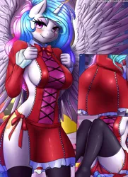 Size: 2060x2850 | Tagged: alicorn, anthro, artist:twistedscarlett60, ass, blushing, bottomless, braless, breasts, busty princess celestia, clothes, cutie mark, derpibooru import, dress, female, looking at you, no panties, princess celestia, smiling, socks, solo, solo female, spread wings, stupid sexy celestia, suggestive, sunbutt, thigh highs, wings