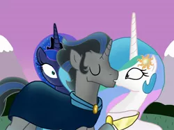 Size: 2732x2048 | Tagged: artist:justsomepainter11, celestibra, derpibooru import, digital art, eyes closed, female, good king sombra, high res, idw, king sombra, kissing, male, princess celestia, princess luna, requested art, safe, shipping, straight