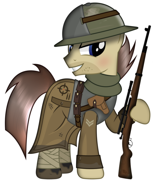 Size: 2530x3000 | Tagged: safe, artist:brony-works, derpibooru import, oc, oc:sniper hooves, pony, bolt-action rifle, clothes, corporal, five o'clock shadow, gun, helmet, high res, holster, leg wraps, long sleeves, male, mud, rifle, scarf, scope, simple background, smiling, sniper, sniper rifle, solo, stallion, transparent background, trenchcoat, uniform, vector, weapon, world war i