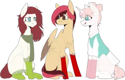 Size: 1140x728 | Tagged: safe, artist:icey-wicey-1517, artist:sychia, color edit, derpibooru import, edit, oc, oc:cozy hearts, oc:rolla derbi, oc:sugarpop (ice1517), unofficial characters only, earth pony, pegasus, pony, unicorn, chest fluff, clothes, collaboration, colored, cute, female, hair over one eye, mare, open mouth, pleated skirt, scarf, simple background, skirt, socks, transparent background, trio, two toned wings, uniform