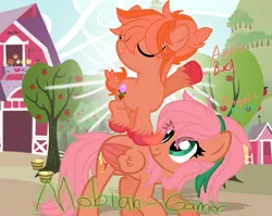 Size: 1011x803 | Tagged: safe, artist:mobian-gamer, derpibooru import, oc, oc:angelic apple, oc:apple bud, earth pony, pegasus, pony, apple tree, barn, base used, brother and sister, colt, duo, female, freckles, male, mare, offspring, parent:big macintosh, parent:fluttershy, parents:fluttermac, signature, sweet apple acres, tree, unshorn fetlocks, watermark