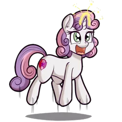 Size: 512x512 | Tagged: safe, artist:anibaruthecat, derpibooru import, sweetie belle, pony, unicorn, cute, cutie mark, diasweetes, excited, explicit source, female, filly, glowing horn, happy, jumping, magic, open mouth, simple background, solo, sweetie belle's magic brings a great big smile, the cmc's cutie marks, transparent background, wrong magic color