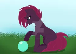 Size: 1024x724 | Tagged: safe, artist:mimicproductions, derpibooru import, fizzlepop berrytwist, tempest shadow, pony, unicorn, ball, broken horn, crying, deviantart watermark, female, grass, mare, sad, solo, teary eyes, watermark