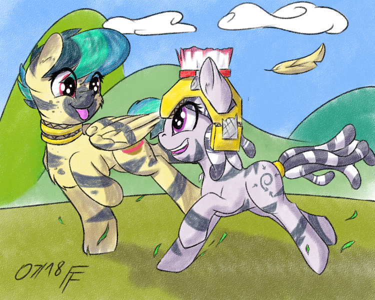 Size: 2000x1600 | Tagged: safe, artist:frecklesfanatic, derpibooru import, oc, oc:apogee, oc:zala, pegasus, pony, zebra, cardboard, cute, female, filly, helmet, striped, tongue out, zebra oc