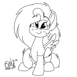 Size: 2000x2000 | Tagged: safe, artist:binkyt11, derpibooru import, oc, oc:duck badge, ponified, pegasus, pony, derpibooru, clothes, derpibooru ponified, female, freckles, mare, meta, monochrome, simple background, socks, solo, spread wings, white background, wings