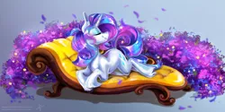 Size: 3464x1732 | Tagged: safe, artist:wilvarin-liadon, derpibooru import, rarity, pony, unicorn, cute, eyelashes, eyes closed, fainting couch, female, flower, laying on bed, mare, petals, pose, profile, prone, raribetes, smiling, smirk, smug, sofa bed, solo, unshorn fetlocks