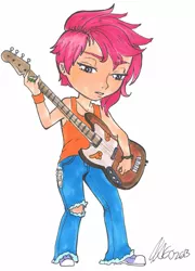 Size: 3081x4272 | Tagged: artist needed, bass guitar, clothes, commission, convention art, converse, derpibooru import, guitar, human, humanized, jeans, musical instrument, pants, ripped jeans, safe, scootabass, scootaloo, shoes, simple background, solo, traditional art, white background