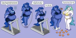 Size: 4800x2400 | Tagged: addiction, anthro, artist:lordstormcaller, belly, belly button, big belly, big breasts, bikini, breasts, busty princess celestia, chocolate, chocolate addict, chocoluna, chubby, clothes, derpibooru import, fat, food, jump rope, luna loves chocolate, princess celestia, princess luna, princess moonpig, series:the royal sisters saga, shorts, suggestive, sweat, swimsuit, tanktop, that pony sure does love chocolate, treadmill, weight gain, weight loss