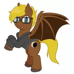 Size: 900x900 | Tagged: safe, artist:scraggleman, derpibooru import, oc, oc:late night, unofficial characters only, bat pony, clothes, fangs, glasses, hoodie, rearing, side view, simple background, solo, white background