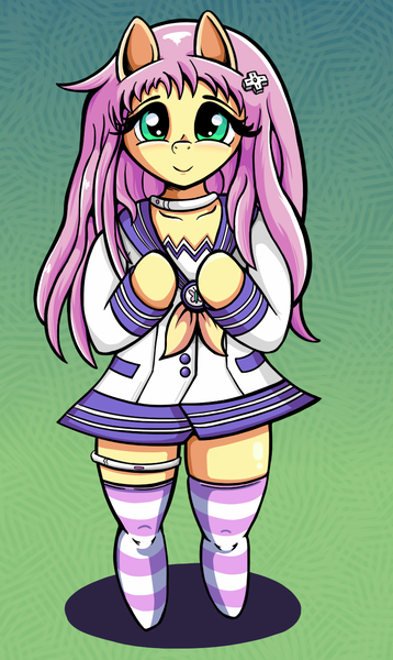 Size: 789x1323 | Tagged: artist:cabrony, blushing, clothes, crossover, cute, derpibooru import, female, fluttershy, hyperdimension neptunia, nepgear, redraw, safe, semi-anthro, shyabetes, smiling, socks, solo, striped socks