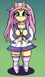 Size: 789x1323 | Tagged: artist:cabrony, blushing, clothes, crossover, cute, derpibooru import, female, fluttershy, hyperdimension neptunia, nepgear, redraw, safe, semi-anthro, shyabetes, smiling, socks, solo, striped socks