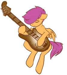 Size: 560x626 | Tagged: safe, artist:vella, derpibooru import, scootaloo, pony, bass guitar, commission, guitar, musical instrument, scootabass, simple background, sitting, solo, transparent background