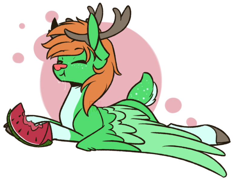 Size: 1024x795 | Tagged: abstract background, artist:ak4neh, deer, derpibooru import, eating, food, happy, male, oc, oc:windy whirls, original species, peryton, safe, simple background, solo, transparent background, unofficial characters only, watermelon, ych result