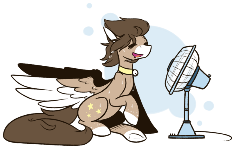 Size: 1024x650 | Tagged: safe, artist:ak4neh, derpibooru import, oc, oc:ethereal space, unofficial characters only, pegasus, pony, abstract background, bell, bell collar, collar, electric fan, fan, female, mare, simple background, sitting, solo, spread wings, sweat, sweatdrops, transparent background, wings, ych result