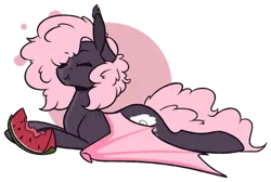 Size: 1024x690 | Tagged: safe, artist:ak4neh, derpibooru import, oc, oc:bubblegum rain, unofficial characters only, bat pony, pony, :t, abstract background, cute, drool, ear tufts, eating, eyes closed, female, food, happy, mare, ocbetes, prone, simple background, smiling, solo, spread wings, transparent background, watermelon, wings, ych result